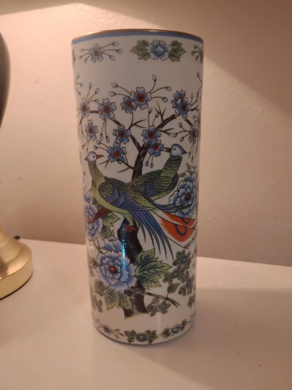 Vintage Japanese Porcelain Cylinder Vase Blue Peony & Pheasants Mid century 10